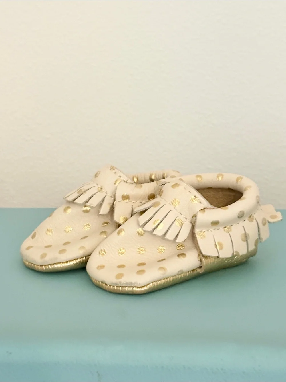 Freshly Picked Infant Cream Leather Moccasin Shoes with Gold Dots